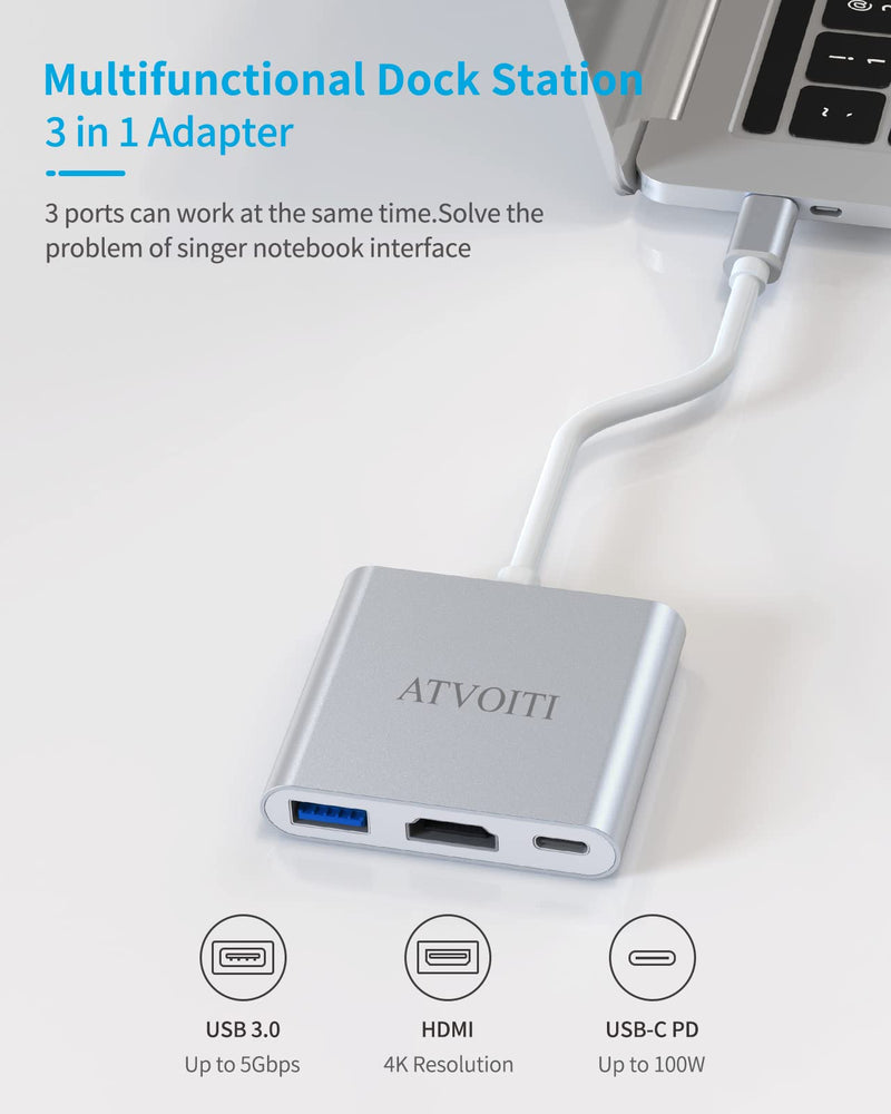  [AUSTRALIA] - USB C/Type C to HDMI Adapter, Thunderbolt 3 to HDMI Hub, USB-C Digital AV Multiport Adapter/Converter for Mac-Book/De-ll XPS13/Sam-sung S10/S10+ with USB 3.0 Port and PD Quick Charging Port (Silver) Silver