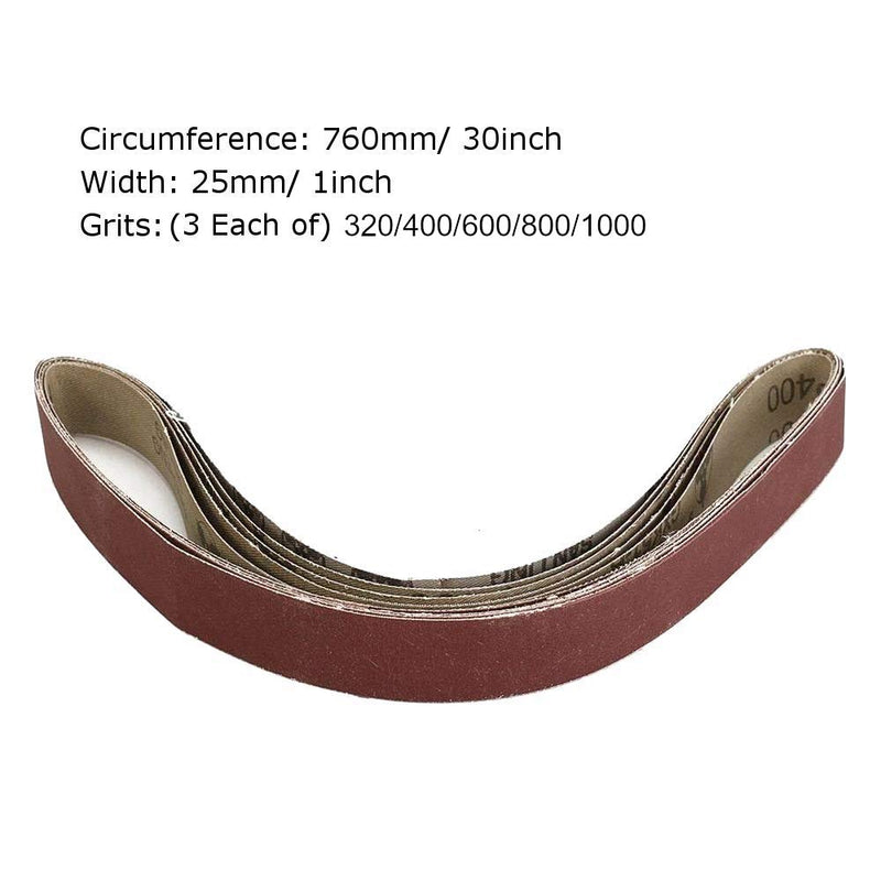  [AUSTRALIA] - 1 Inch x 30 Inch Sanding Belts, 3 Each of 320/400/600/800/1000 Fine Grits, Belt Sander Tool for Woodworking, Metal Polishing, 15 Pack Aluminum Oxide Sanding Belt