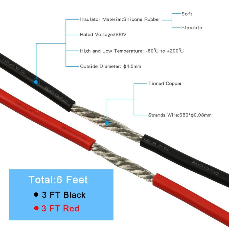  [AUSTRALIA] - BNTECHGO 12 Gauge Silicone Wire 3 ft red and 3 ft Black Flexible 12 AWG Stranded Copper Wire 12 silicone wire red 3ft and black 3ft silicone wire red and black