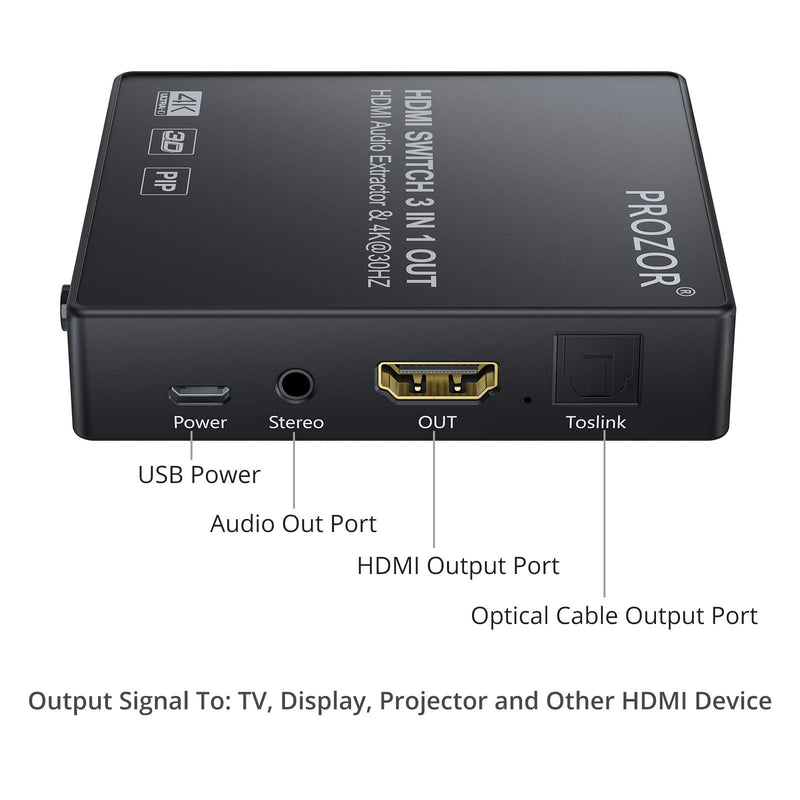  [AUSTRALIA] - 3x1 HDMI Switch with Audio Extractor, Proster 3 Port 4K HDMI Switcher HDMI Audio Converter Include PIP IR Remote and 3.5mm Male to 2 RCA Female Stereo Audio Cable