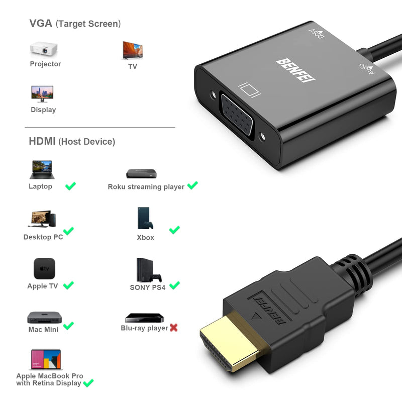  [AUSTRALIA] - BENFEI HDMI to VGA,Gold-Plated HDMI to VGA Adapter (Male to Female) With 3.5mm Audio Compatible for Computer, Desktop, Laptop, PC, Monitor, Projector, HDTV, Raspberry Pi, Roku, Xbox, PS4, Mac Mini 1 PACK