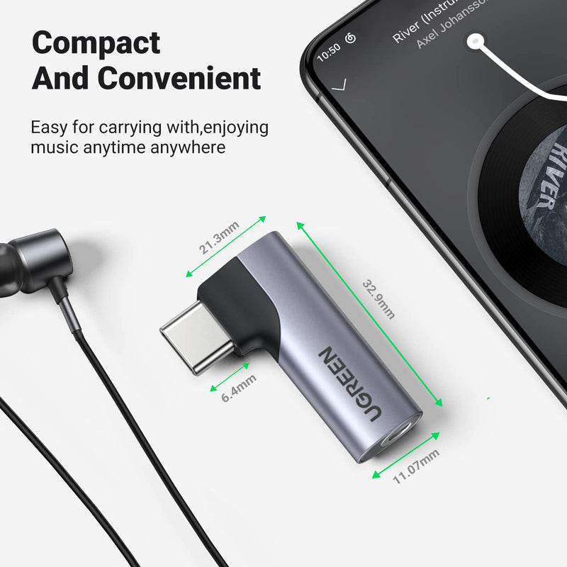 [AUSTRALIA] - UGREEN USB C to 3.5mm Audio Adapter Type C Aux Headphone Jack DAC Stereo Mic HiFi Right Angle Earphone Dongle Compatible with iPad Pro Air 5 4 Mini 6, Galaxy S23 Ultra S22 S21 S20, Pixel 7 Pro, Gray