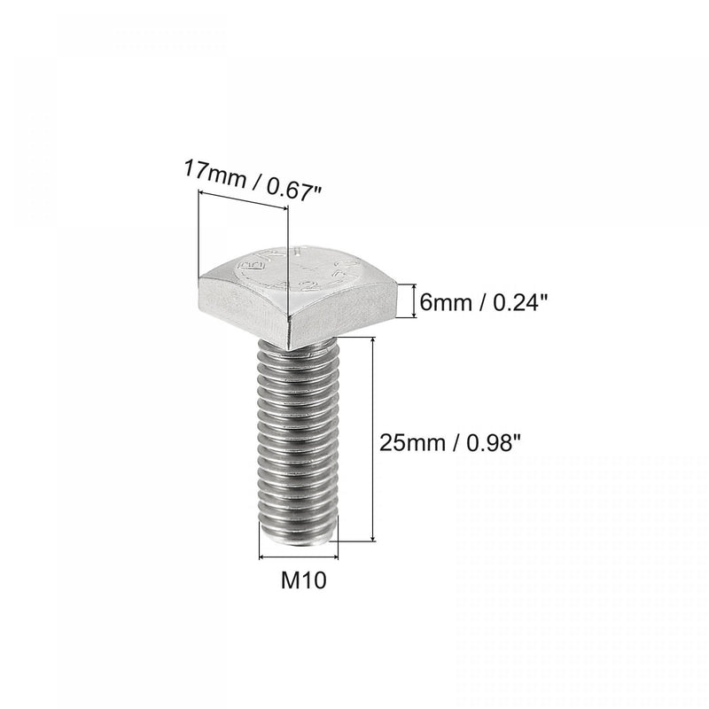  [AUSTRALIA] - uxcell Square Head Bolt, M10x25mm Fully Thread 304 Stainless Steel Grade C Square Machine Screw