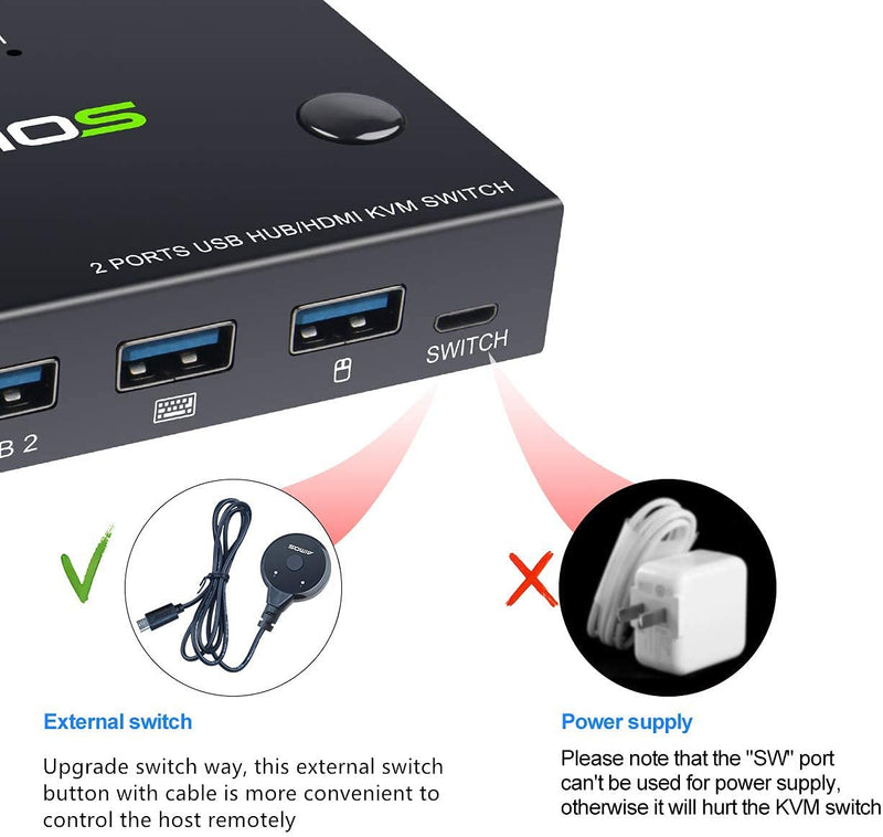  [AUSTRALIA] - AIMOS HDMI KVM Switch, HUD 4K 2 Port Box, Share 2 Computers with one Keyboard Mouse and one HD Monitor, Support Wireless Keyboard and Mouse Connections, Not Support Hotkey, Can Connect to HUB