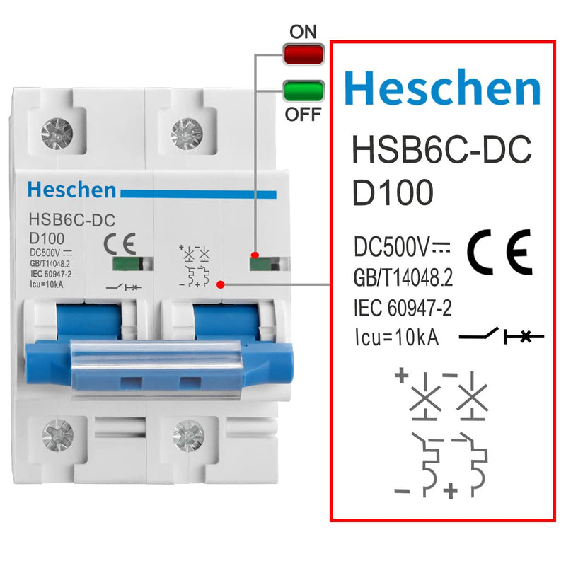  [AUSTRALIA] - Heschen DC Miniature Circuit Breaker HSB6C-DC 2 Pin DC500V 100A Photovoltaic Circuit Breaker for Solar PV System Solar Cell Grid System 35mm DIN Rail Mounting