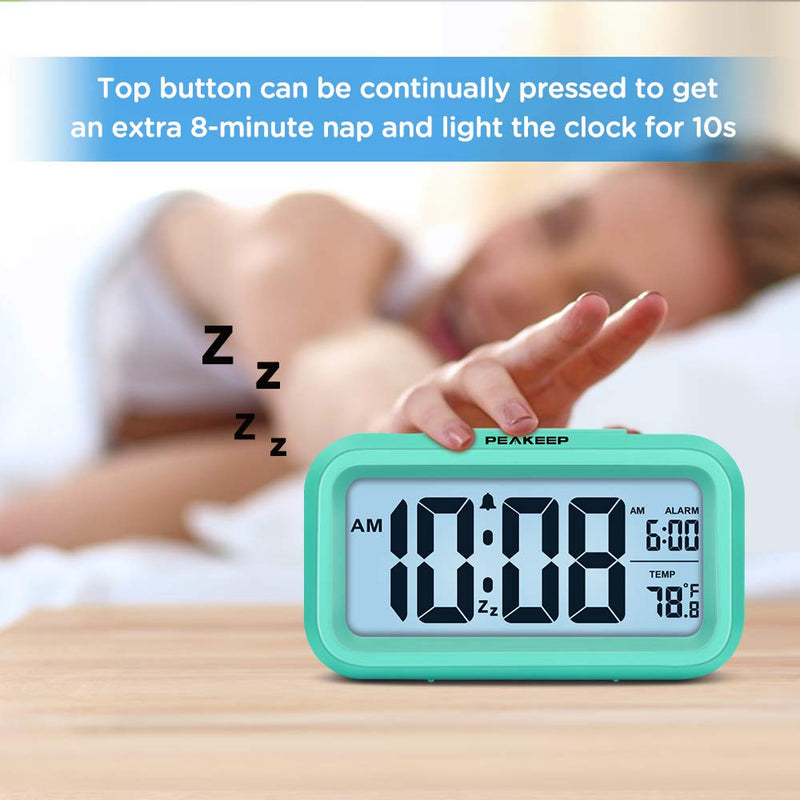 PEAKEEP Smart Night Light Digital Alarm Clock with Indoor Temperature, Battery Operated Desk Small Clock (Mint) Mint - LeoForward Australia