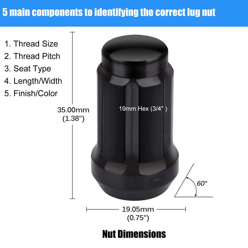  [AUSTRALIA] - NPAUTO Wheel Lug Nuts 1/2 x 20 Black, for Ford Mustang, F-150, Explorer, Jeep Commander, Wrangler, Liberty, Grand Cherokee, Bulge Acorn Spline 1.38" Tall with 1 Lug Nut Key, Pack of 20+1Pc