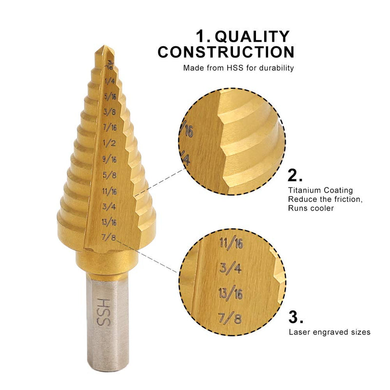  [AUSTRALIA] - COMOWARE Step Drill Bit Set & Automatic Center Punch- Unibit, Titanium Coated, Double Cutting Blades, High Speed Steel, Short Length Drill Bits Set of 5 pcs, Total 50 Sizes with Aluminum Case 6 Pcs Titanium