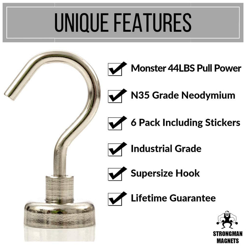  [AUSTRALIA] - Strongman Magnets | 6 Pack of Powerful 50LB Neodymium Heavy Duty Magnetic Hooks | +3M Non Scratch Stickers | Multi USE Indoor Outdoor Hook Magnets! DECLUTTER and ADD Storage Now! (6 Pack)