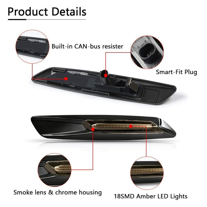 Gempro 2Pcs Sequential Amber LED Side Marker Turn Signal Light for BMW 1 3 5 Series E81 E82 E87 E88 E90 E91 E92 E93 E60 E61, Smoke Lens Style Black - LeoForward Australia