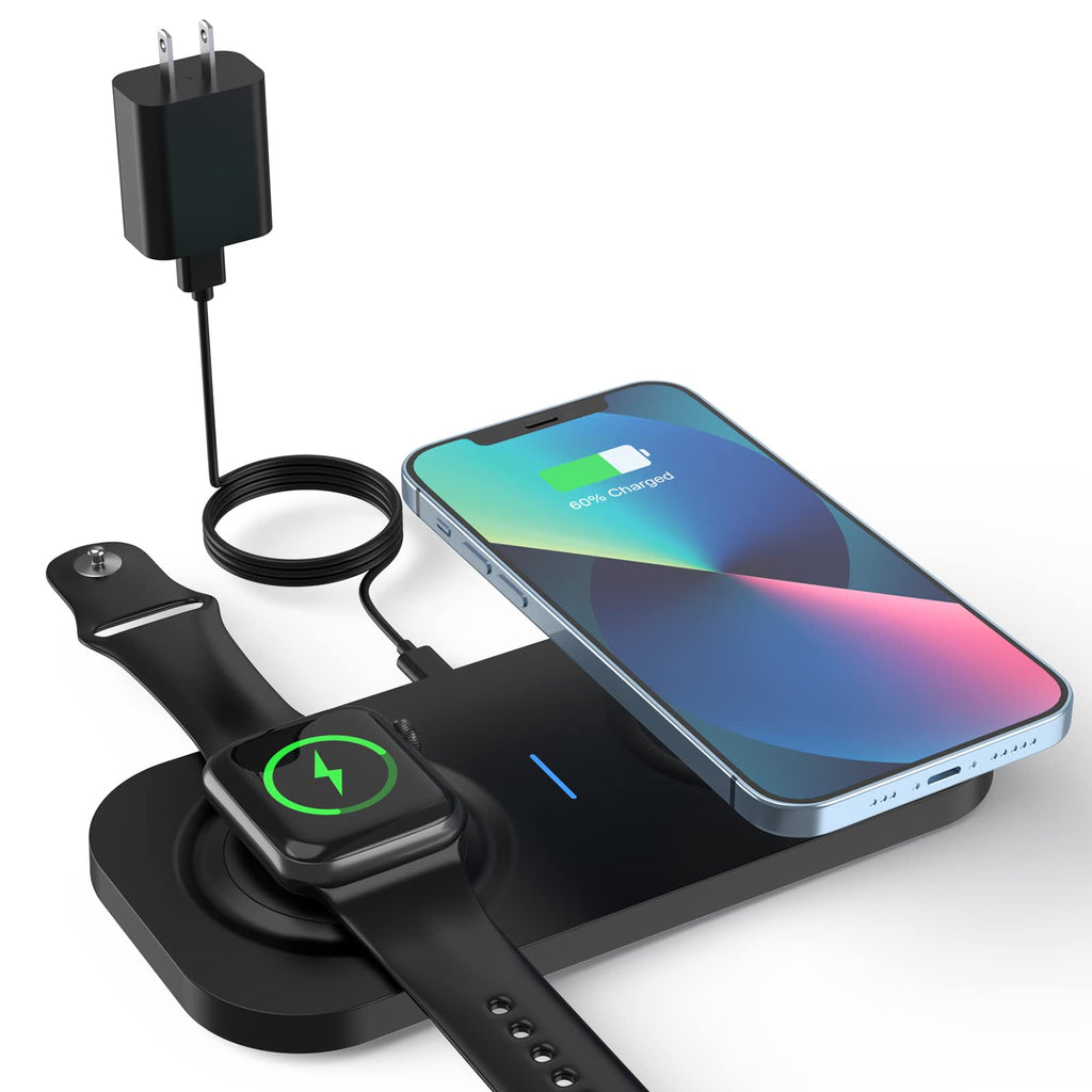  [AUSTRALIA] - Dual Wireless Charger for iPhone and Watch, Duo Charging Pad for iWatch 8/7/6/SE/5/4/3/2, iPhone 14/13/12/11/X/8/SE Series, 2 in 1 Certified Charging Station for AirPods 3/Pro/2 Black For iPhone+iWatch