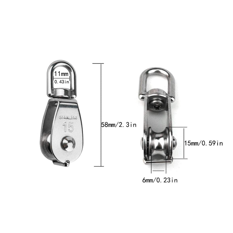  [AUSTRALIA] - Hamineler 2PCS 304 Stainless Steel Single Pulley Block M15, Wire Rope Crane Pulley Block Hanging Wire Towing Wheel with 2PCS Spring Snap Hook