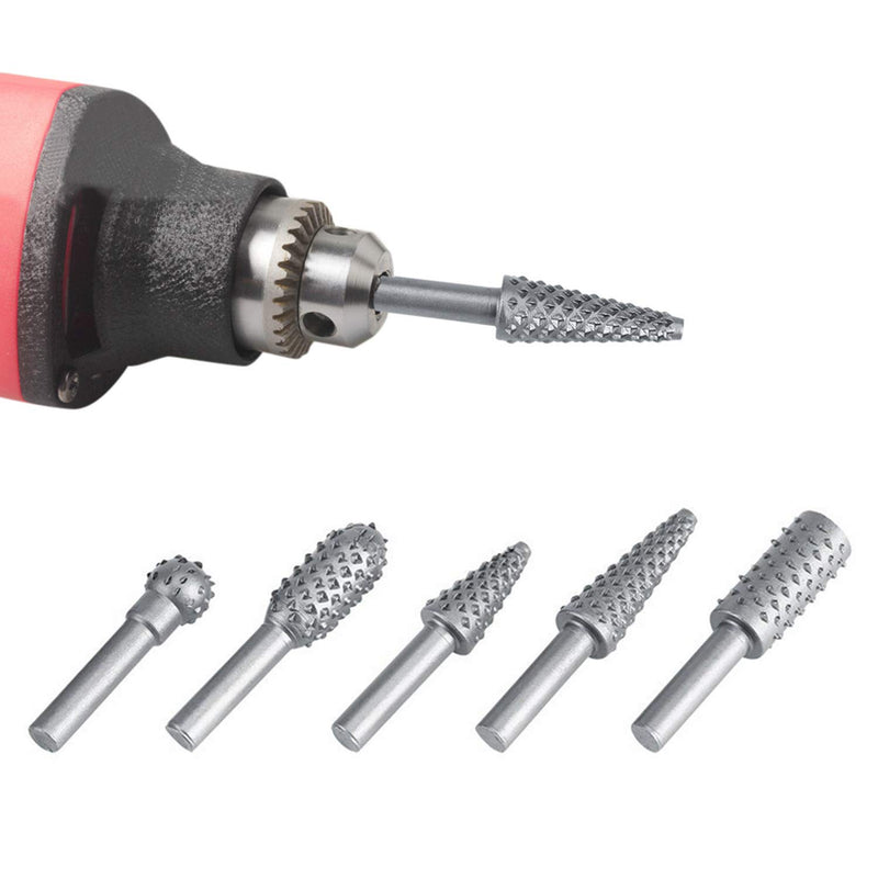 Yosoo Rotary Burr Set, 5Pcs Rotary Burr Hard Alloy Point Burrs Die Grinder Rotary Burr Rasp File Set 6.3mm Shank Drill Bits Wood Carving - LeoForward Australia