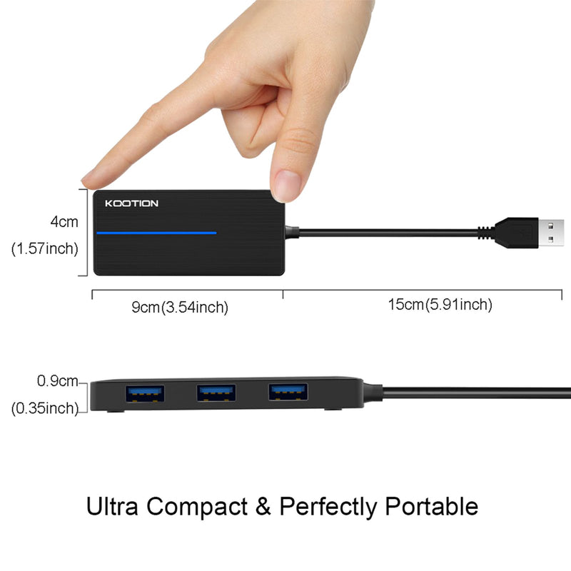 KOOTION 4-Port USB 3.0 Hub, Ultra-Slim Data Hub (5Gbps Transfer Speed) with LED Indicator for MacBook, Windows PC, Surface, Mobile HDD, Ultrabook, Flash Drive, Laptop (Black) Black 4-port - LeoForward Australia