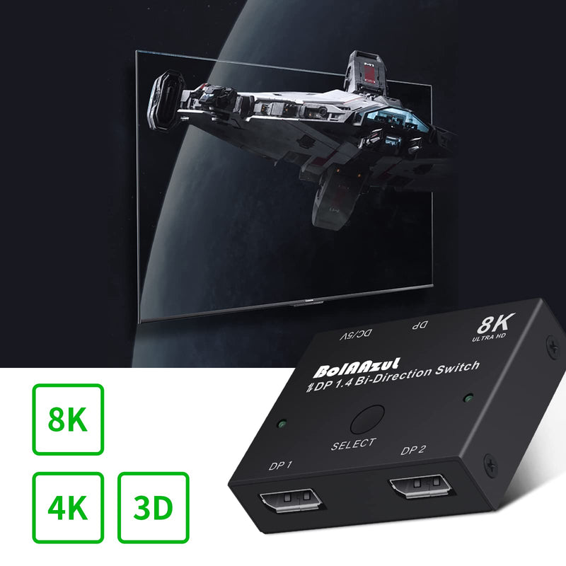  [AUSTRALIA] - DisplayPort 1.4 Splitter Switch 8K@60Hz, BolAAzuL 2-Port Display Port Switcher 2 in 1 Out/DP Splitter 1 in 2 Out for Dual Monitors, 4K@120Hz 2K@144Hz Bi-Directional DP 1.4 Switch Box for Host PC DP Switch Only