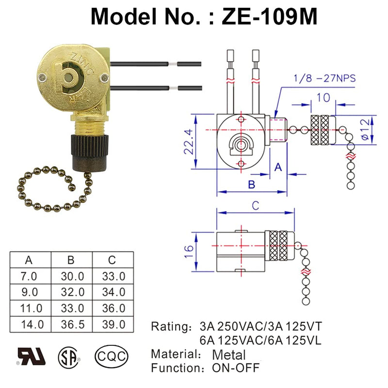  [AUSTRALIA] - Dotlite Ceiling Fan Light Switch ZE-109M Two-wire Metal Zing Ear On and Off for Ceiling Light Fans Lamps Parts and Wall Lights Pull Chain Switch Replacement-Bronze