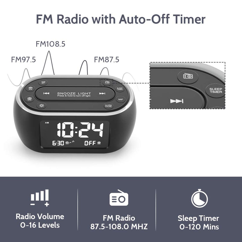  [AUSTRALIA] - Housbay Glow Small Alarm Clock Radio for Bedrooms with 7 Color Night Light, Dual Alarm, Dimmer, USB Charger, Battery Backup, Nap Timer, FM Radio with Auto-Off Timer for Bedside Black