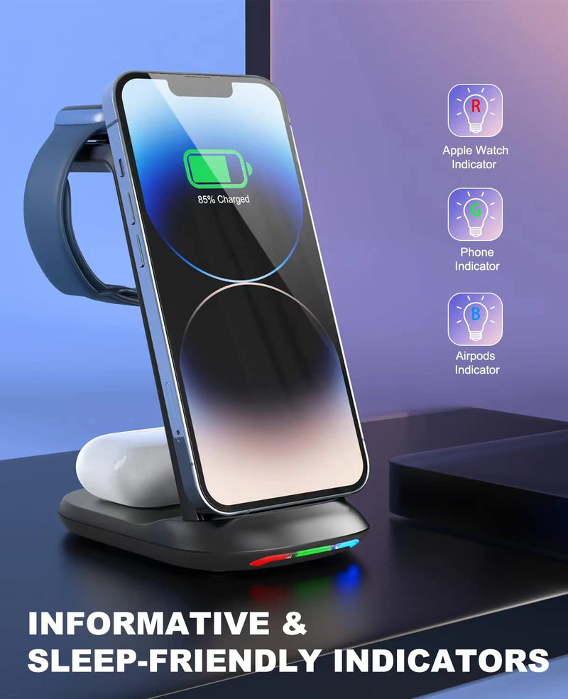  [AUSTRALIA] - Wireless Charging Station,3 in 1 Fast Charger Stand Compatible with iPhone 14/13/12/11 Pro Max/X/Xs Max/8/8 Plus, iWatch Series ultra/8/7/6/5/SE/4/3/2, AirPods 3/2/pro/pro 2 (Adapter Included) Black