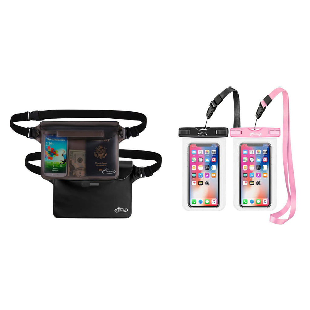  [AUSTRALIA] - AiRunTech Waterproof Pouch | Way to Keep Your Phone and Valuables Safe and Dry | for Boating Swimming Snorkeling Kayaking Beach Pool (2 Phone Cases(Black + Pink) + 2 Fanny Packs(Black+Gray))