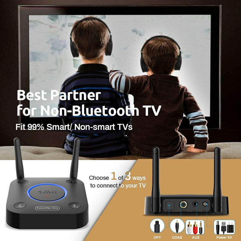  [AUSTRALIA] - 1Mii B06TX Bluetooth 5.0 Transmitter for TV to Wireless Headphone/Speaker, Bluetooth Adapter for TV w/Volume Control, AUX/RCA/Optical/Coaxial Audio Input, Plug n Play, AptX Low Latency Black