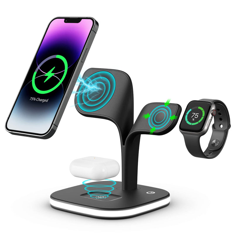  [AUSTRALIA] - Magnetic Charging Station, EXW 5 in 1 Faster Mag-Safe Wireless Charger Stand for iPhone 14,13,12 Pro/Max/Mini/Plus, Apple Watch 8/7/6/SE/5/4/3/2 and Airpods 3/2/Pro/Pro 2 with LED and Adapter (Black) Black
