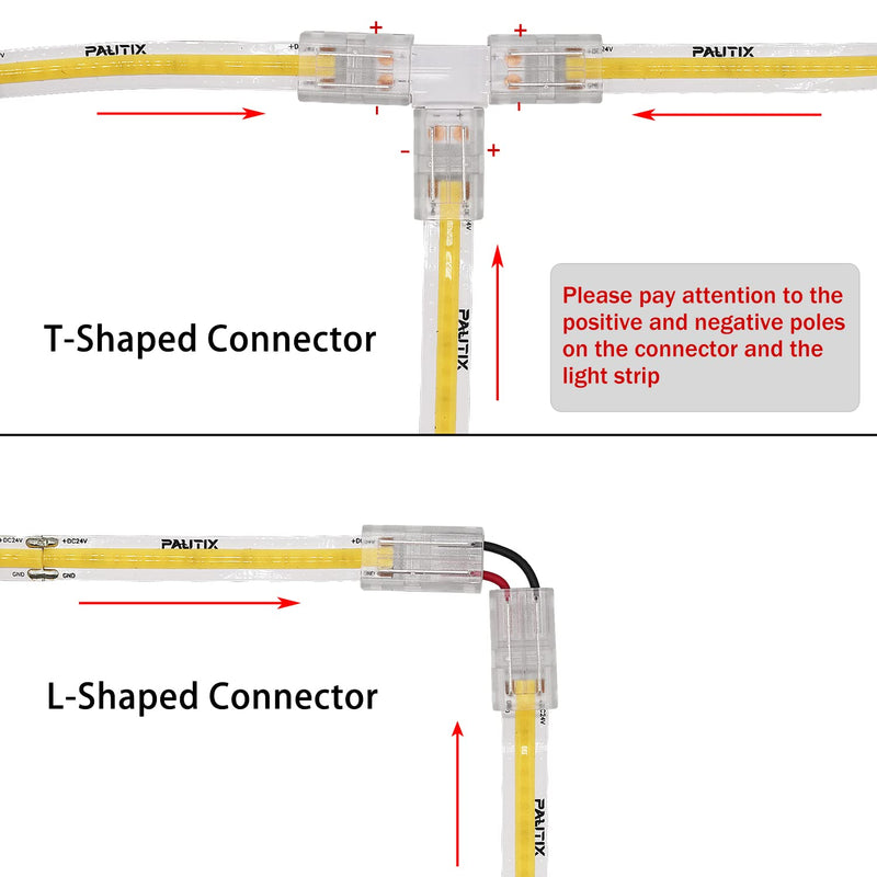  [AUSTRALIA] - COB LED strip connector set for 8mm width COB strip 2Pin, 4 pieces transparent center connectors, 2 pieces L-shape, 1 piece T-shape and 4 pieces dual-end extension wires 15cm with 1 piece DC 8mm COB connector upgraded