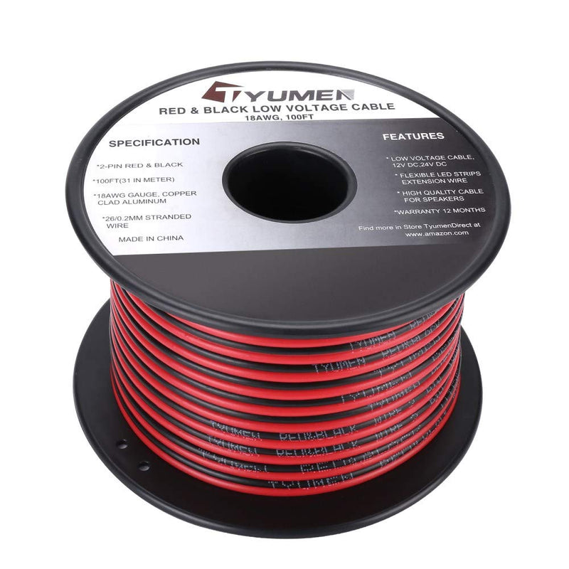 TYUMEN 100FT 18 Gauge 2pin 2 Color Red Black Cable Hookup Electrical Wire LED Strips Extension Wire 12V/24V DC Cable, 18AWG Flexible Wire Extension Cord for LED Ribbon Lamp Tape Lighting - LeoForward Australia