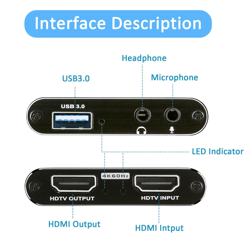  [AUSTRALIA] - 4K@60Hz Audio Video Capture Card, USB 3.0 HDMI Video Capture Device, Full HD 1080P, 3.5mm TRS Audio Input, HDCP2.2, for Game Recording, Live Streaming Broadcasting Black