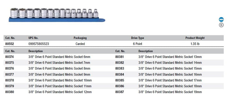  [AUSTRALIA] - GEARWRENCH 14 Pc. 3/8" Drive 6 Point Standard Metric Socket Set - 80552