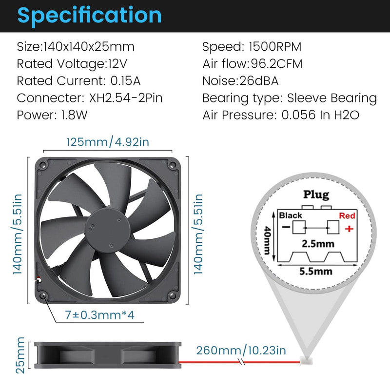  [AUSTRALIA] - Wathai 140mm Case Fan 12V DC Brushless High Performance Cooling Fan 140x25mm