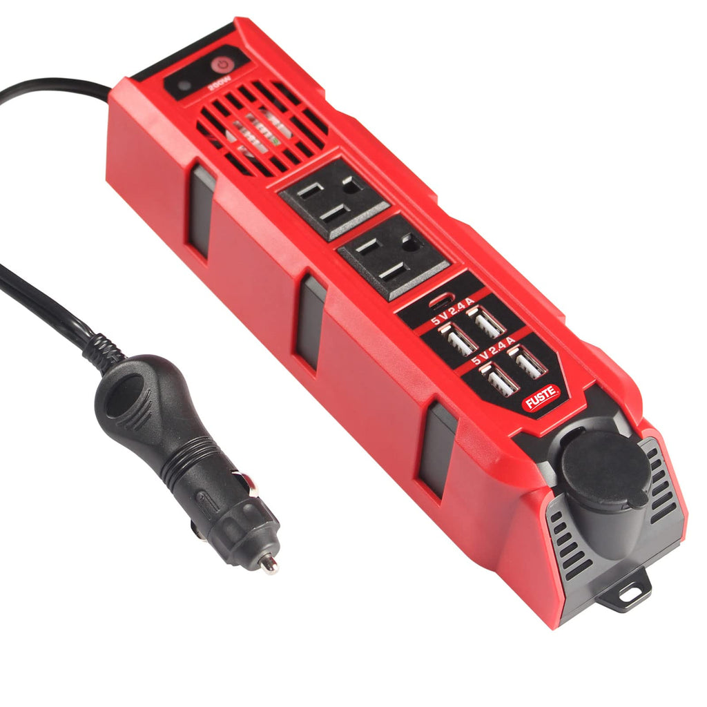  [AUSTRALIA] - 200W Car Power Inverter,DC 12V to 110V AC Car Converter with Type C Port,Dual AC Outlets and 4 Quick Charger 2.4A USB Car Outlet Adapter Red