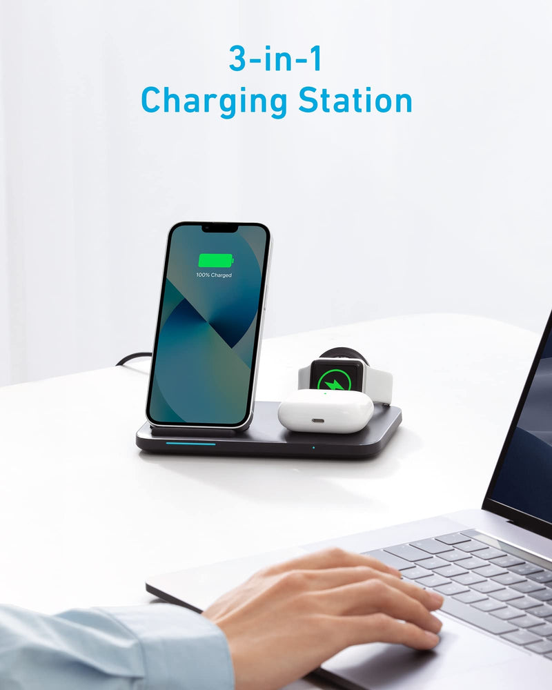  [AUSTRALIA] - Anker Foldable 3-in-1 Station with Power Adapter, 335 Wireless Charger, Works with iPhone 13/13 Pro Max / 12, AirPods Pro, Apple Watch Series 1-6, and More (Watch Charging Cable Not Included)