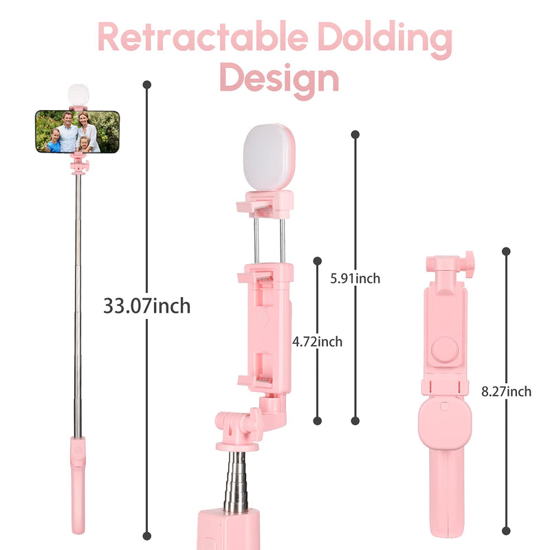  [AUSTRALIA] - MQOUNY Selfie Stick with Tripod Stand,Portable Rechargeable Dimmable Selfie Fill Light,Bluetooth Remote&Phone Holder Compatible with iPhone 12 12 Pro 11 11 Pro XS Max XR Galaxy/iOS/Android (Pink) pink