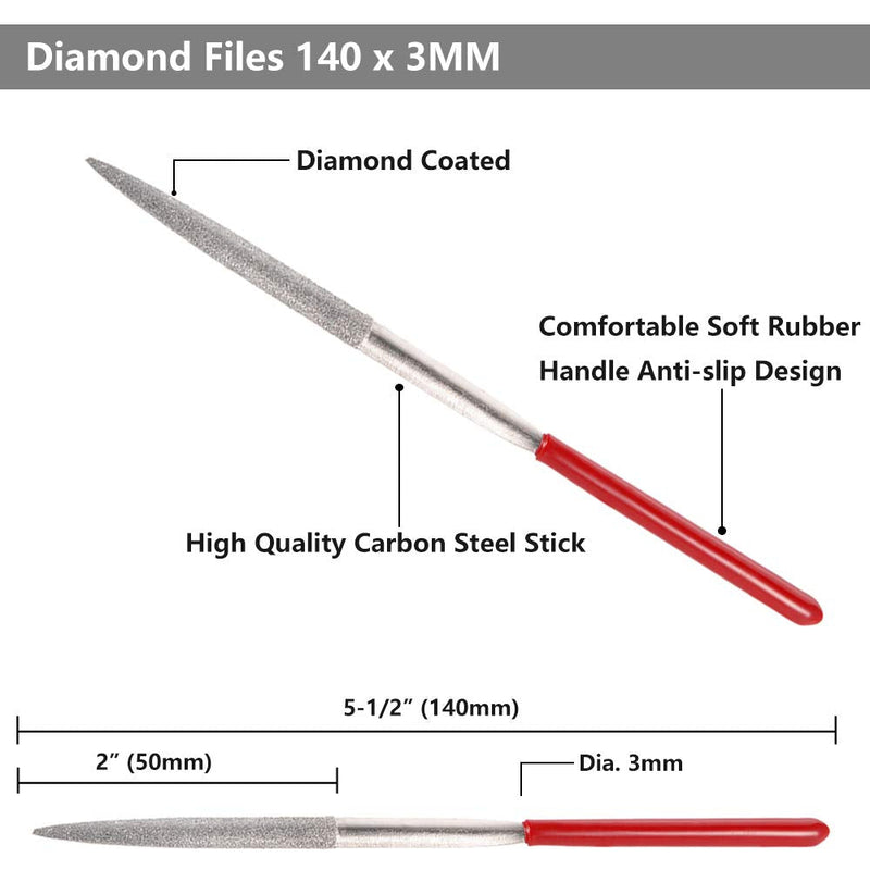  [AUSTRALIA] - Yakamoz 10Pcs Mini Diamond Metal Files Set Micro Round Needle File Triangular Square Flat Riffler File Kit Wood Stone Glass Jewelry Fine File Tools for Jewelers Crafts Hobbies - 3x140mm