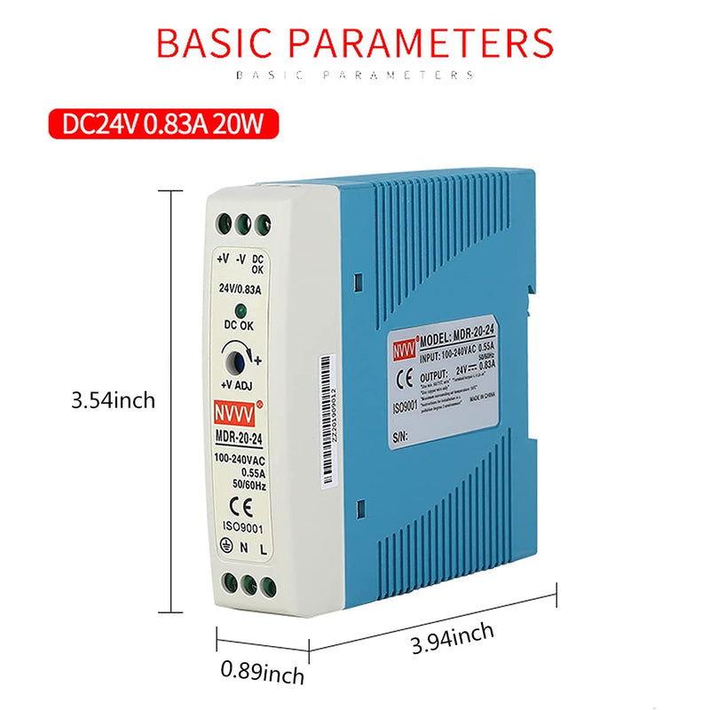  [AUSTRALIA] - NVVV MDR-20-24 AC to DC DIN-Rail Power Supply, 24V, 1 Amp, 24W, 1.5"