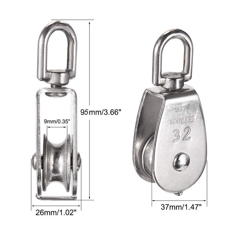  [AUSTRALIA] - 4Pcs M32 Single Pulley Block, Creatiee-Pro Heavy Duty 304 Stainless Steel Pulley Roller Crane Swivel Hook, Wheel Swivel Rigging Lifting Wheel Fixed Pulley for Wire Rope Loading 250kg 4Pcs