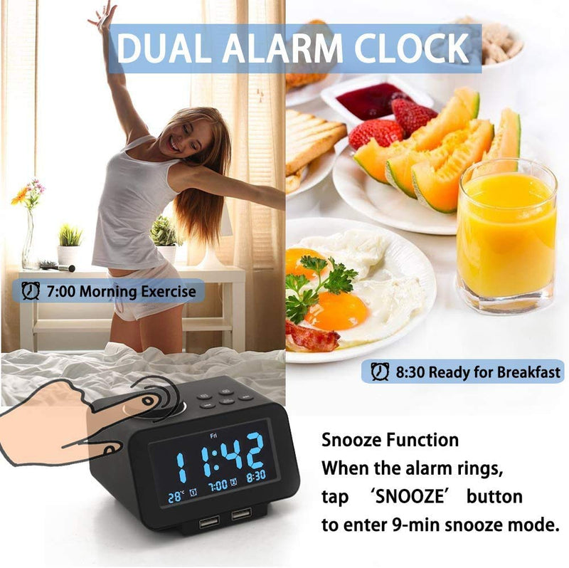 Digital Alarm Clock, FM Radio w/Sleep Timer, Bedside Radio Alarm Clock, Dual Alarms with 7 Alarm Sounds, Snooze, 6-Level Brightness Dimmer, Batteries Operated, for Bedroom Black - LeoForward Australia