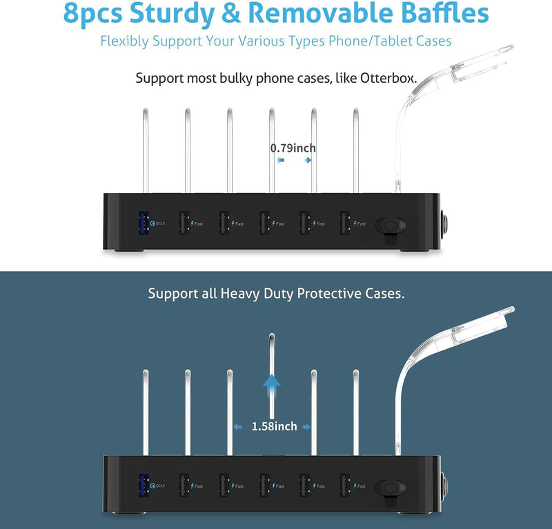  [AUSTRALIA] - SooPii Quick Charge 3.0 60W/12A 6-Port USB Charging Station for Multiple Devices, 8 Short Charging Cables Included, I Watch Charger Holder,for Phones, Tablets, and Other Electronics Black