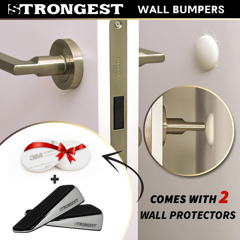  [AUSTRALIA] - Strongest Door Stopper, Heavy Duty Door Stop Wedge Made of Premium Quality Zinc and Rubber Suits Any Door, Any Floor. Set of 2 Plus Bonus Self Adhesive Wall Protectors Black Silver 2 Pack