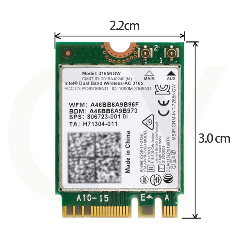  [AUSTRALIA] - ChenYang CY NGFF M.2 WLAN Card +BT 4.0 Network Adapter Dual Band Wireless 2.4G 5Ghz 433Mbps 3165AC NGFF 802.11AC WiFi 3165NGW Green 3165AC