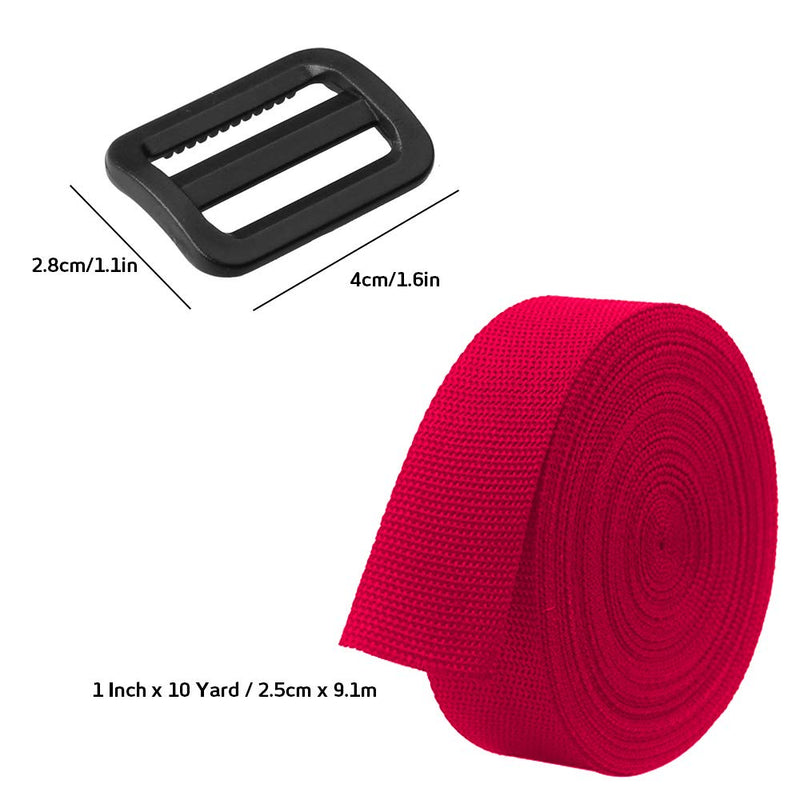  [AUSTRALIA] - SourceTon Heavyweight Polypropylene Webbing Red 1 Inch by 10 Yard & 20 Pieces Plastic Triglide Slides, Heavy Duty Poly Strapping (Red), Tri-Glide Slides(Black) for Outdoor DIY Gear Repair