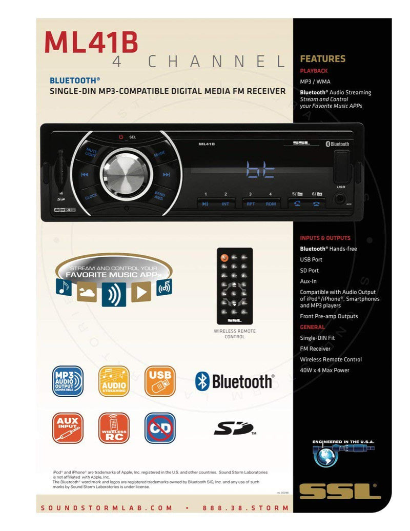 Sound Storm ML41B Single Din, Bluetooth, MP3/USB/SD FM Car Stereo, (No CD/DVD), Wireless Remote Control - LeoForward Australia