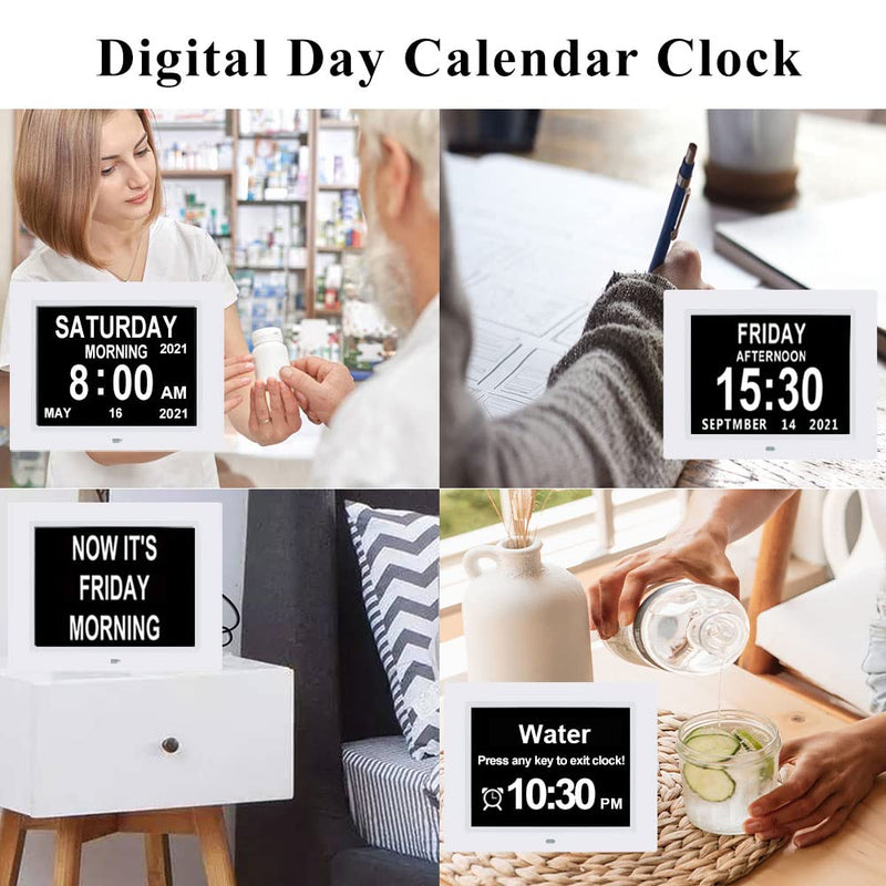  [AUSTRALIA] - 9 Inch Digital Day Calendar Clocks Clear Display Extra Large Day Date Time Dementia Clock for Senior Elderly impaired Vision Memory Loss Alzheimer’s with Medication Reminders Alarms (White) 9 Inch White