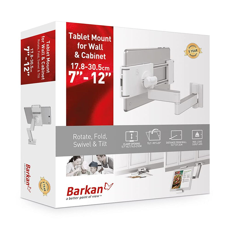 Barkan 7 - 12 inch Full Motion - 4 Movement Tablet Mount for Wall & Cabinet 3 lbs White Firm Tablet Clamp 360 Degree Rotation (T54) Wall Mount, Full Motion - LeoForward Australia