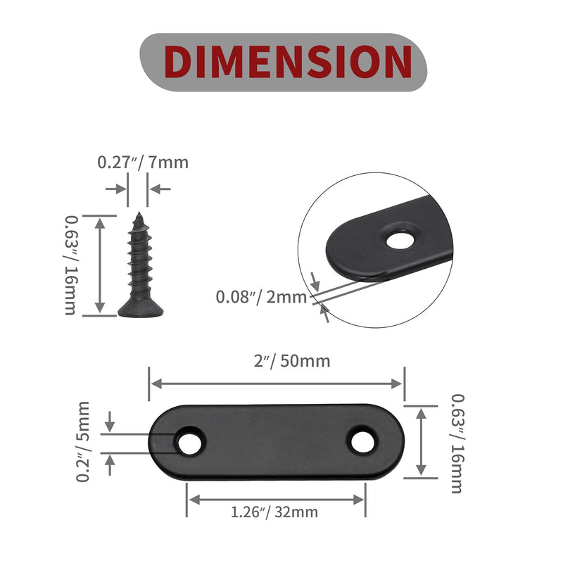 [AUSTRALIA] - Jiozermi 12 Pcs Straight Brace, Flat Brace 2” x 0.6”, Stainless Steel Straight Bracket, Mending Joining Plates for Wood, Board, Bed Frame, Furniture & Shelves, Matte Black Black, 2” x 0.6”, 12 pcs