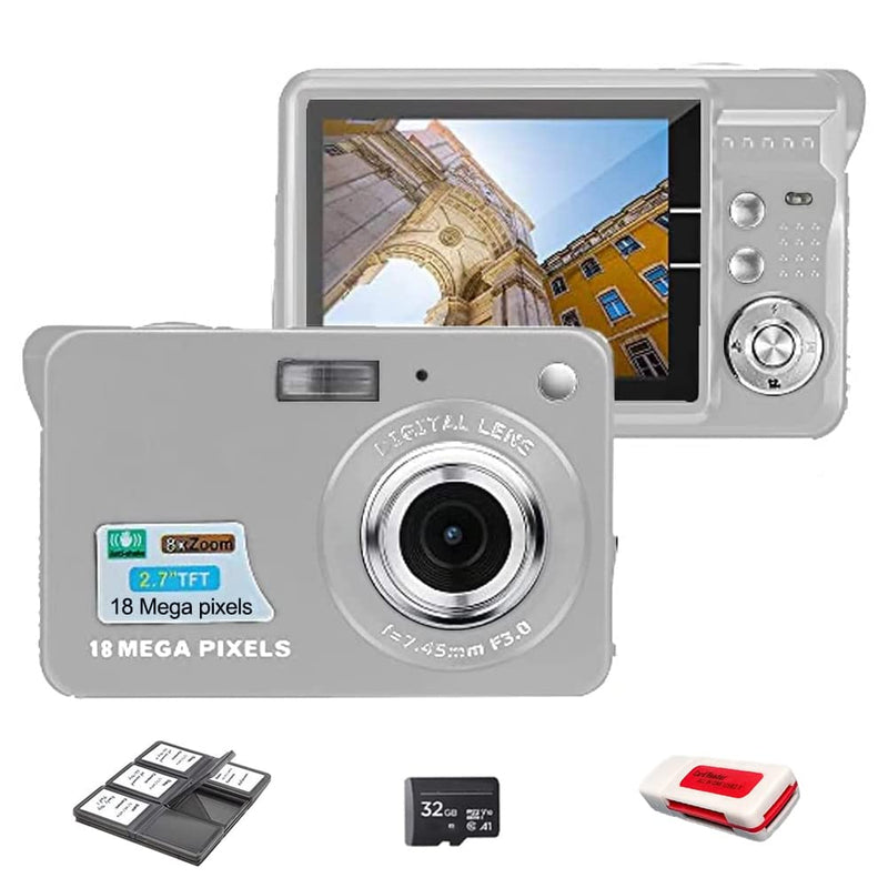  [AUSTRALIA] - Acuvar 18MP Megapixel Digital Camera Kit with 2.7" LCD Screen, Rechargeable Battery, 32GB SD Card, Card Holder, Card Reader, HD Photo & Video for Indoor, Outdoor Photography for Adults, Kids (Silver) Silver