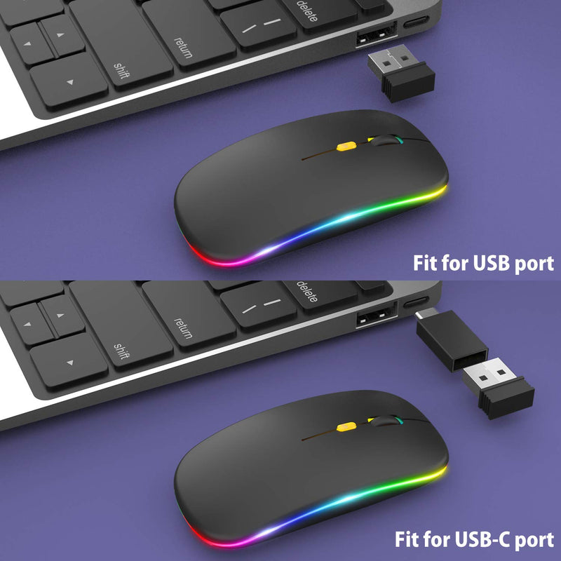  [AUSTRALIA] - 【Upgrade】 LED Wireless Mouse, Rechargeable Slim Silent Mouse 2.4G Portable Mobile Optical Office Mouse with USB & Type-c Receiver, 3 Adjustable DPI for Notebook, PC, Laptop, Computer, Desktop (Black) Black