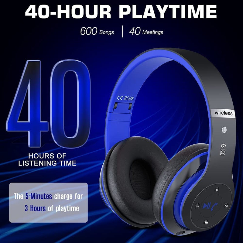  [AUSTRALIA] - 6S Bluetooth Headphones Over-Ear, Hi-Fi Stereo Foldable Wireless Stereo Headsets Earbuds with Built-in Mic, Volume Control, FM for iPhone/Samsung/iPad/PC (Black & Blue) Black & Blue
