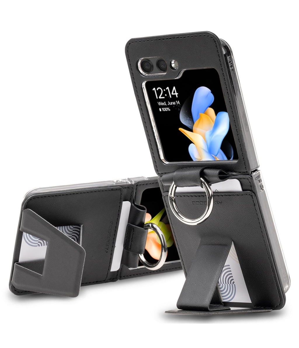  [AUSTRALIA] - GOOSPERY EZ Mount Wallet Compatible with Samsung Galaxy Z Flip 5 Case, Card Holder Loopy Ring Adjustable Kickstand with Horizontal/Vertical - Black