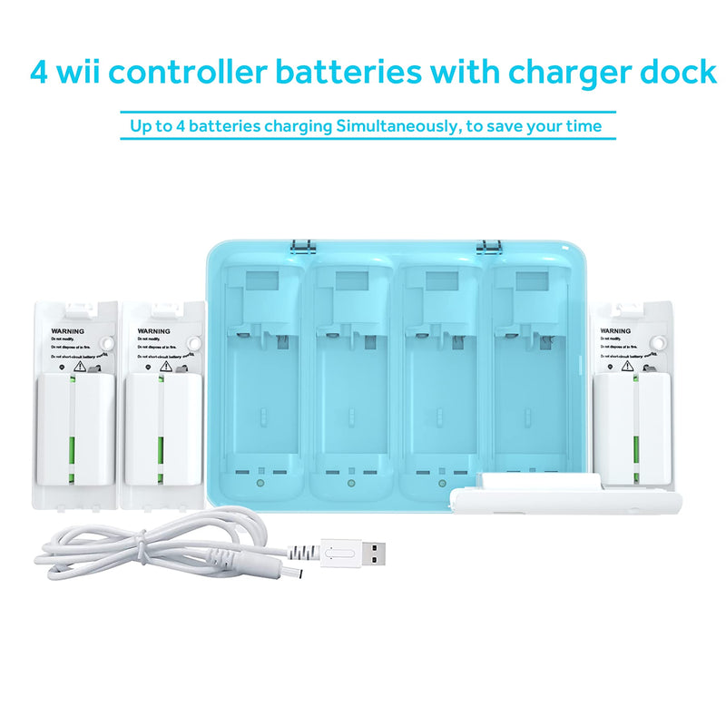  [AUSTRALIA] - ActZone 4-in-1 Charging Station 4 Port Charger Dock Box with 4 Rechargeable 2800 mAh Battery + USB Cable Compatible for Wii/Wii U Remote Controller White